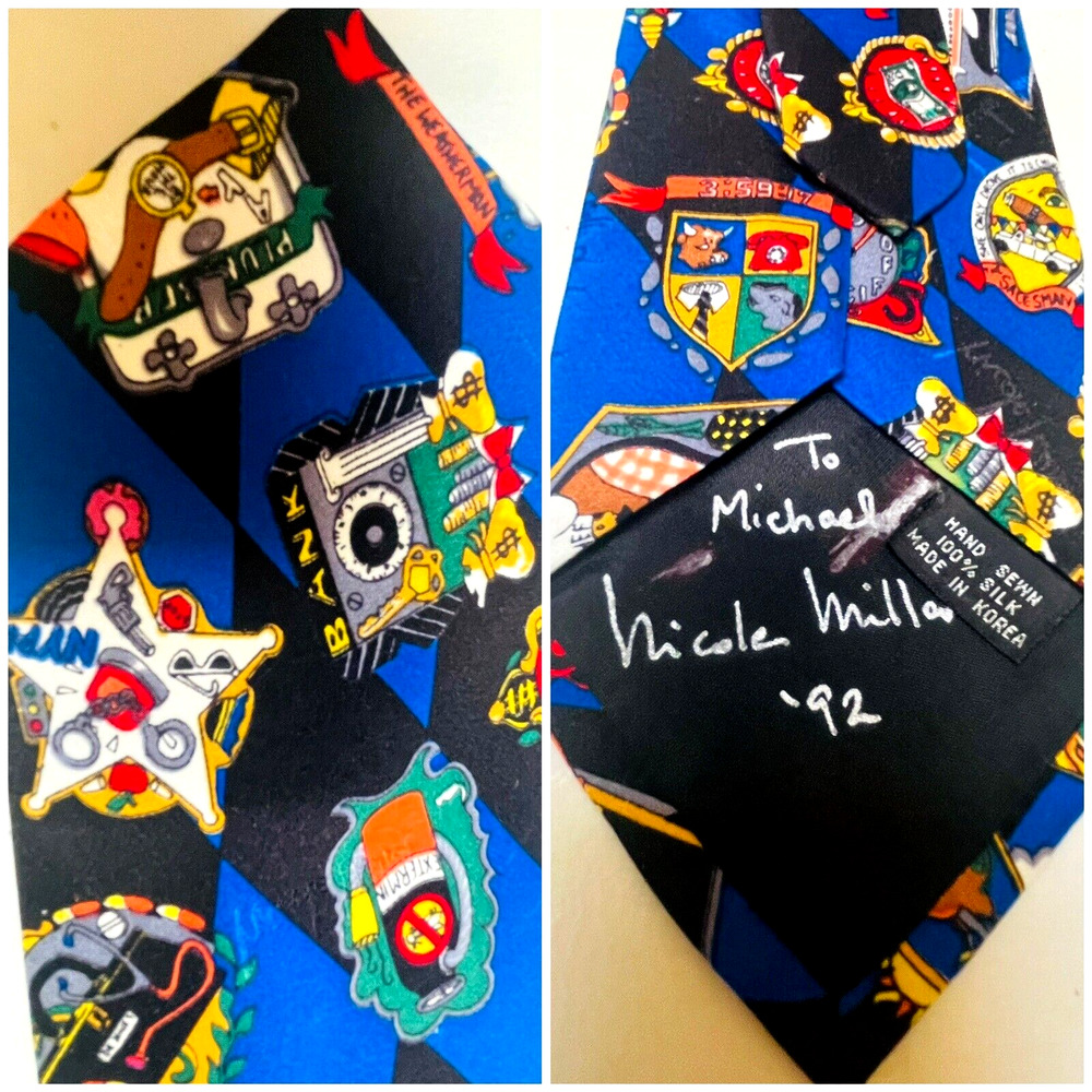 Nicole Miller SIGNED Neck Tie Blue Silk Careers NYPD Plumber Fireman Banker 1992